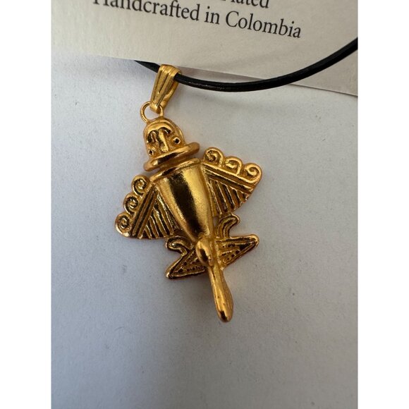 24K Gold Plated Quimbaya Tolima Pendant Necklace On Black Cord - Picture 5 of 11